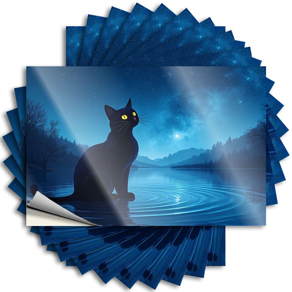 A Black Cat Sits On Water Under A Starry Night Sky. Plastic Decals | Beauty Waterproof Vinyl Hat Beer Removable Decal Peel Stick(6X9CM)