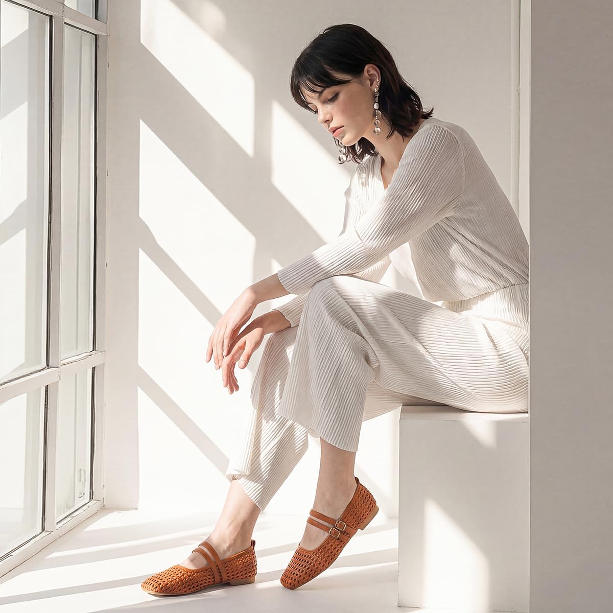 Flats for Women Mesh Ballet Woven Flat Shoes Mary Jane Breathable Casual Comfortable Office Work Women's Shoe Square Toe with Strap