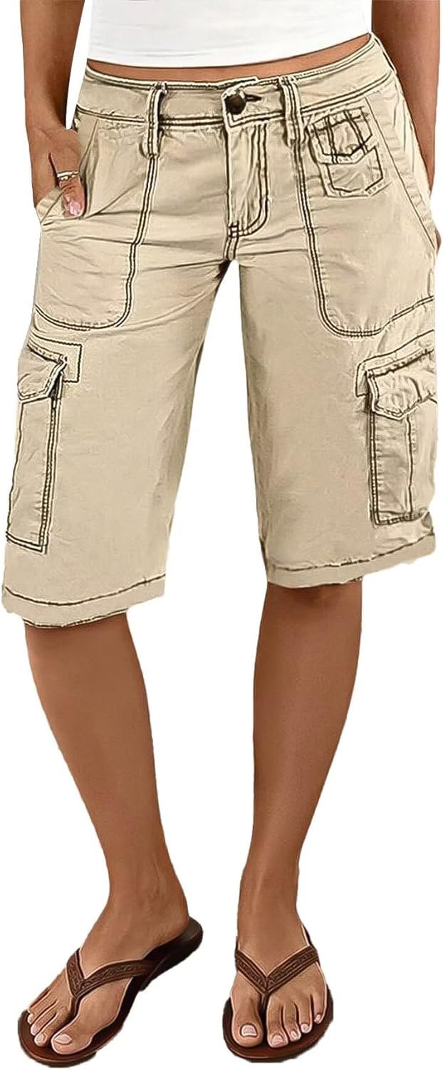 Flamingals Women's Bermuda Flap Pocket Stitch Detail Mid Waist Shorts