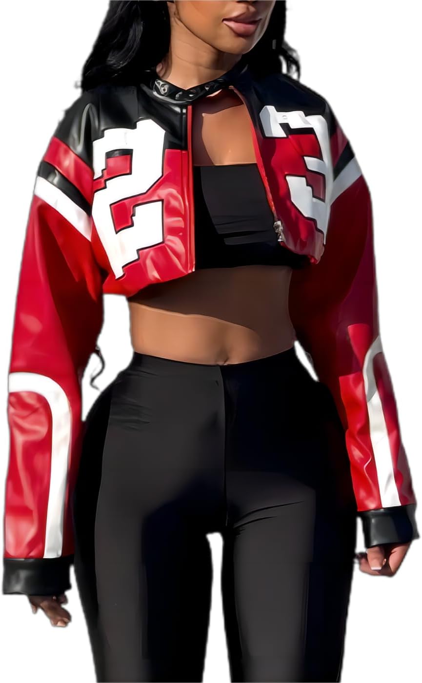 CONCINEROS Women's Faux Leather Jacket Zip Up Cropped Bomber Leather Jacket Women S-XXL