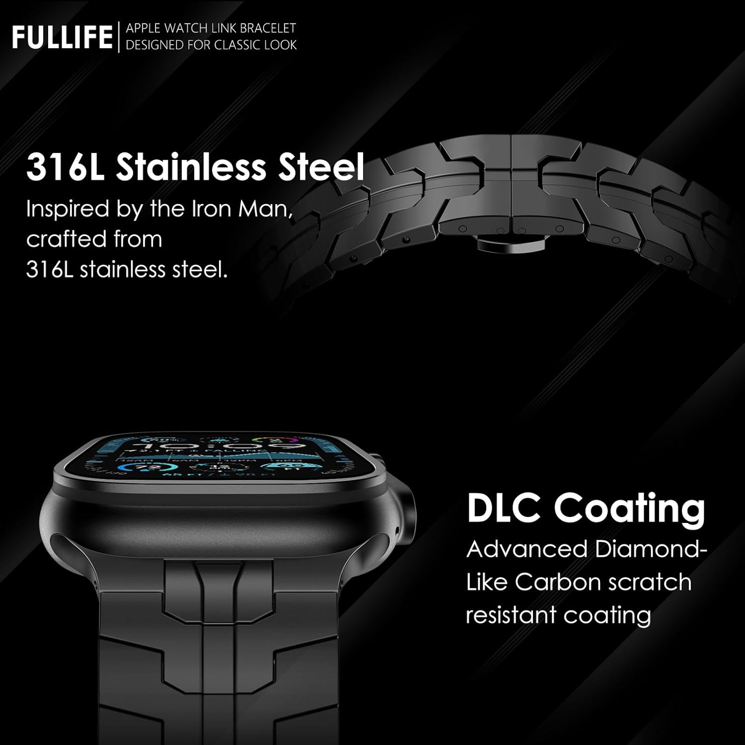 FULLIFE 24mm Wide Metal Band Design for Apple Watch Ultra 3/2/1 Band 49mm Folding Clasp Stainless Steel Strap for Men, iWatch Series 11/10 46mm, 9/8/7 45mm, SE3/6/5/4 44mm, 3/2/1 42mm - Image 3