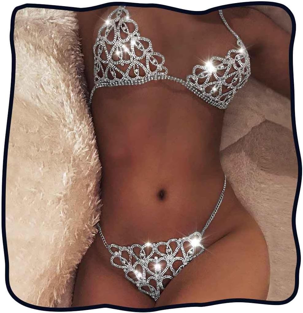 Dresbe Rhinestones Body Chain Suit Silver Crystal Bikini Bra Underwear Sexy Sparkly Party Body Jewelry Accessories for Women