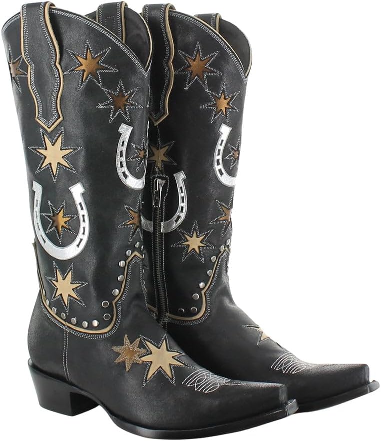 Old Gringo Lucky Star Western Cowboy Boots, Black with Gold Stars and Silver Horseshoes, Handcrafted Leather, Side Zippe