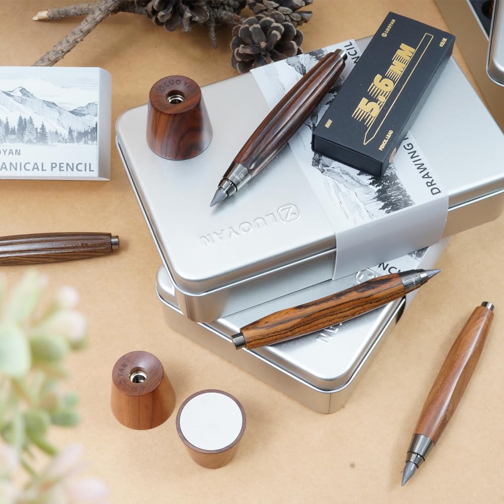 Rosewood Clutch-Bleistift, 5,6 mm, Minenhalter, Geschenk-Set mit Spitzer und Box mit Minen, molliger, achteckiger Schaft aus Holz, Skizzier- und Zeichenstift für Künstler (rotes Rosenholz, achteckiger