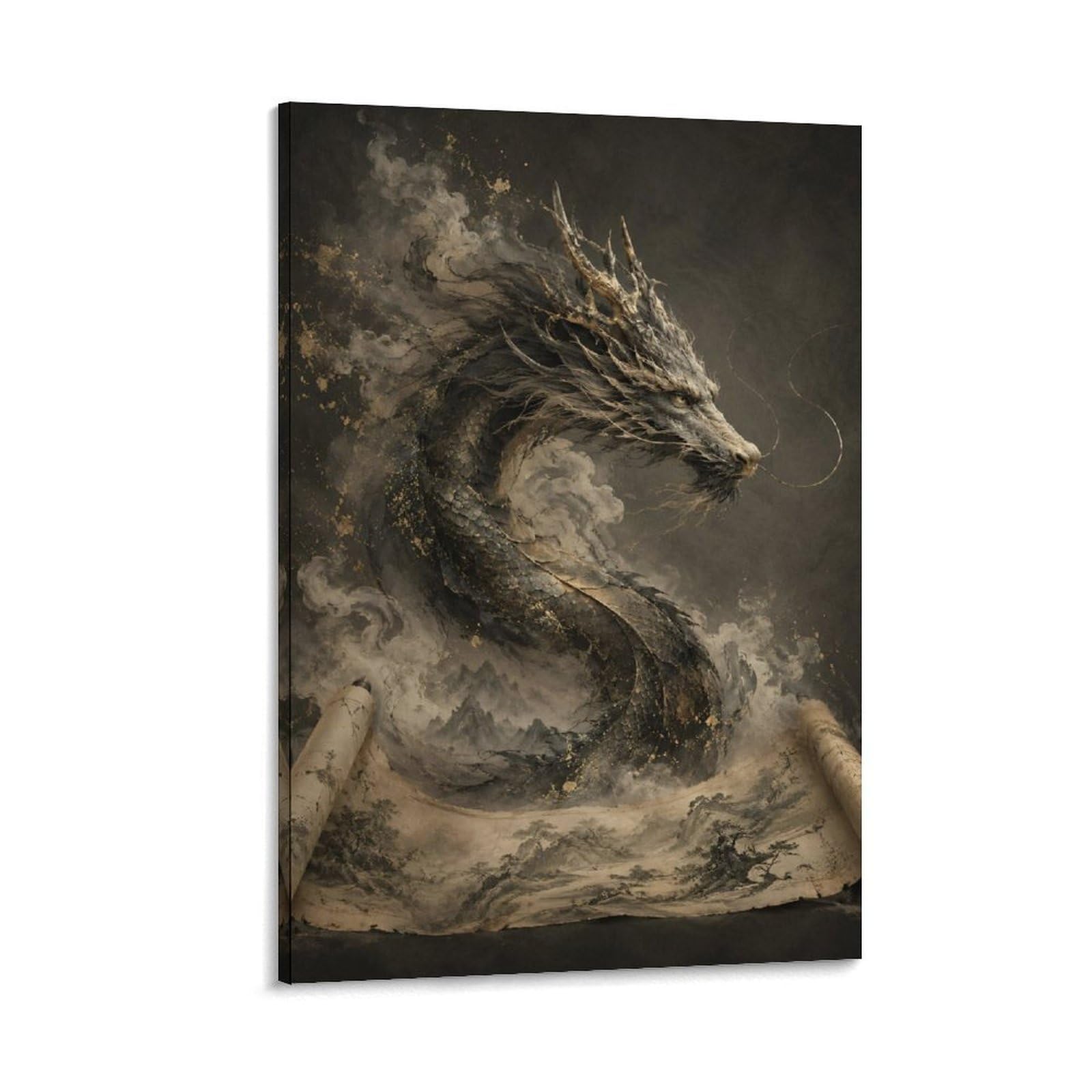 W7C8U2X3 Dragon Emerging from Scroll Canvas Wall Art, Mythical Dragon