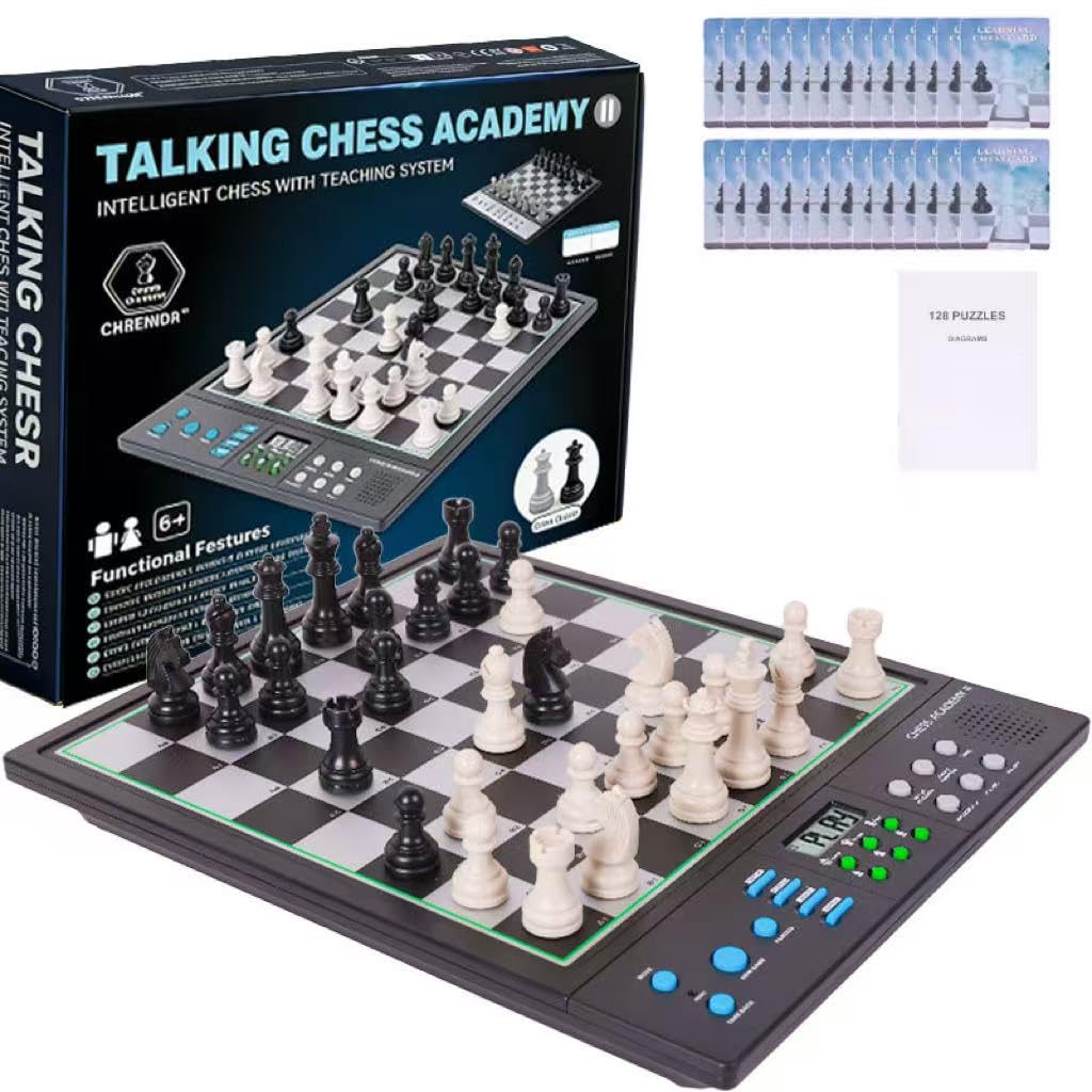 Advanced Electronic Chess Board, Smart Computer Chess Set with AI Voice Coach, ELO 2200+ for Improving Players, Magnetic Large Pieces & Board – Ideal for Adults & Kids, LCD Display (Black，English)