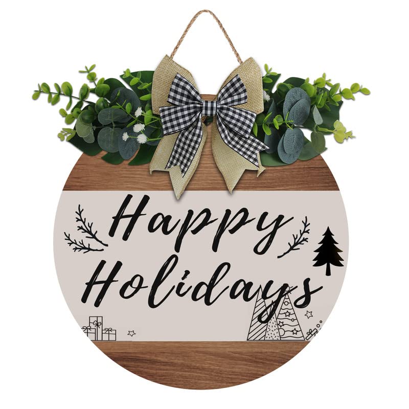 Aowotu Happy Holidays Door Wreath Sign Christmas Ornament Buffalo Plaid Natural Wood Christmas Ornament for Farmhouse Front Door Porch Wall Window