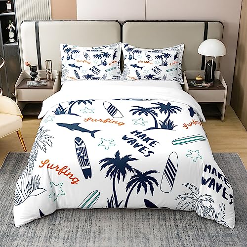 Homemissing Palmier Parure de lit Planche de Surf Coton Housse de Couette 200x200cm Enfants Surf Sport Literie Set garçon Doux Coton Hawaiian Tropical Combo literie Requin Starfish Decor