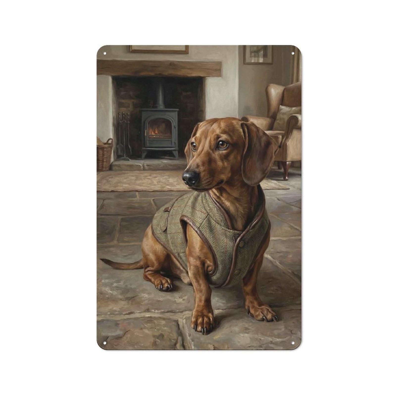Junmoney Style-2 Workshop Style Dachshund In Tweed Vest By Fireplace Tin Sign 30X20cm, Garage Wall Decor For Tool Room, Garage, Studio Or Home Bar