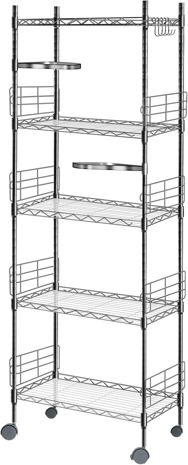 Hestiasko Estante de almacenamiento de 5 niveles con 2 estantes giratorios, estante de almacenamiento ajustable con 5 ganchos, estante de metal,