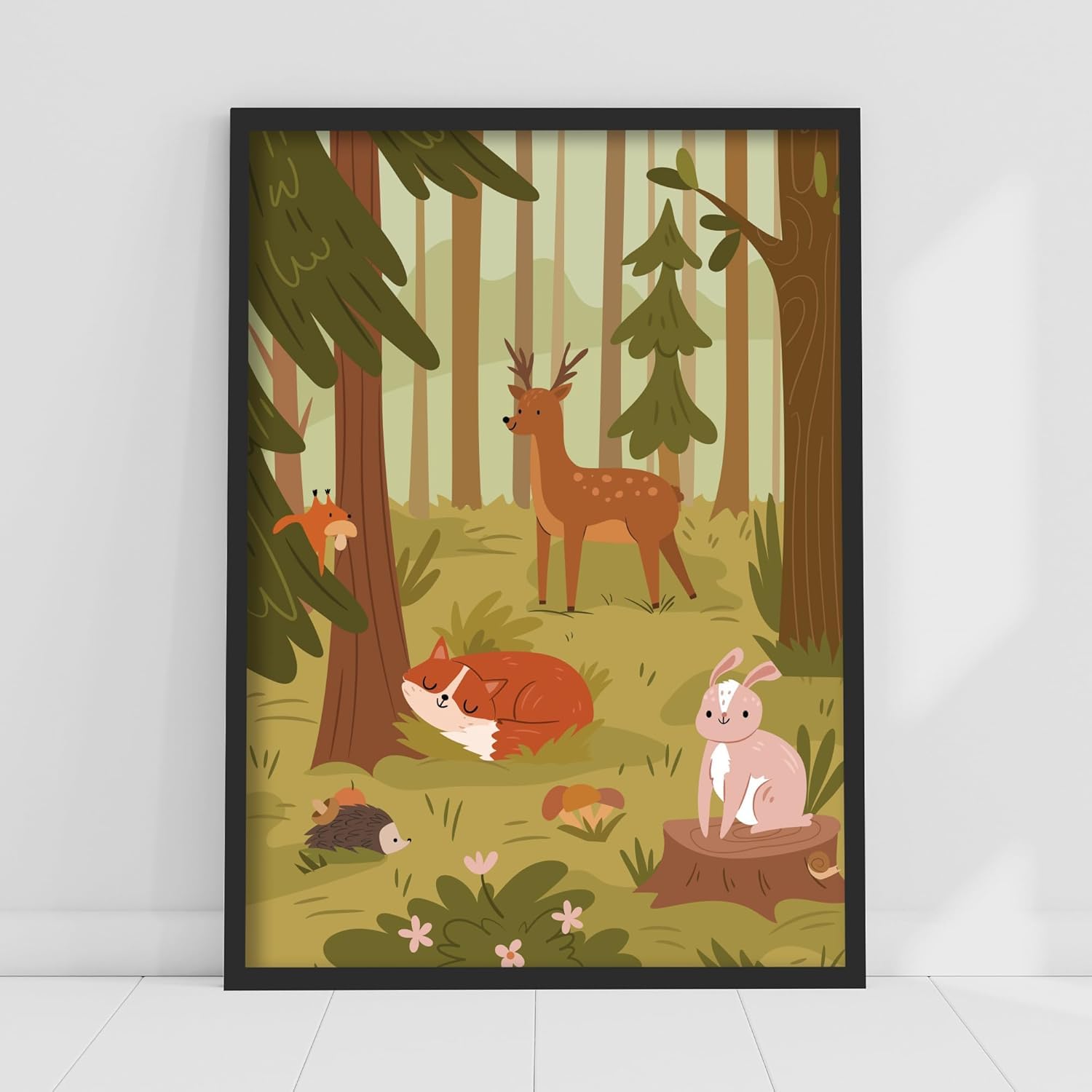 Themed Green Woodland Print - Wild Forest Animals In The Trees Poster Wall Art (21Cm X 29.7Cm - A4)