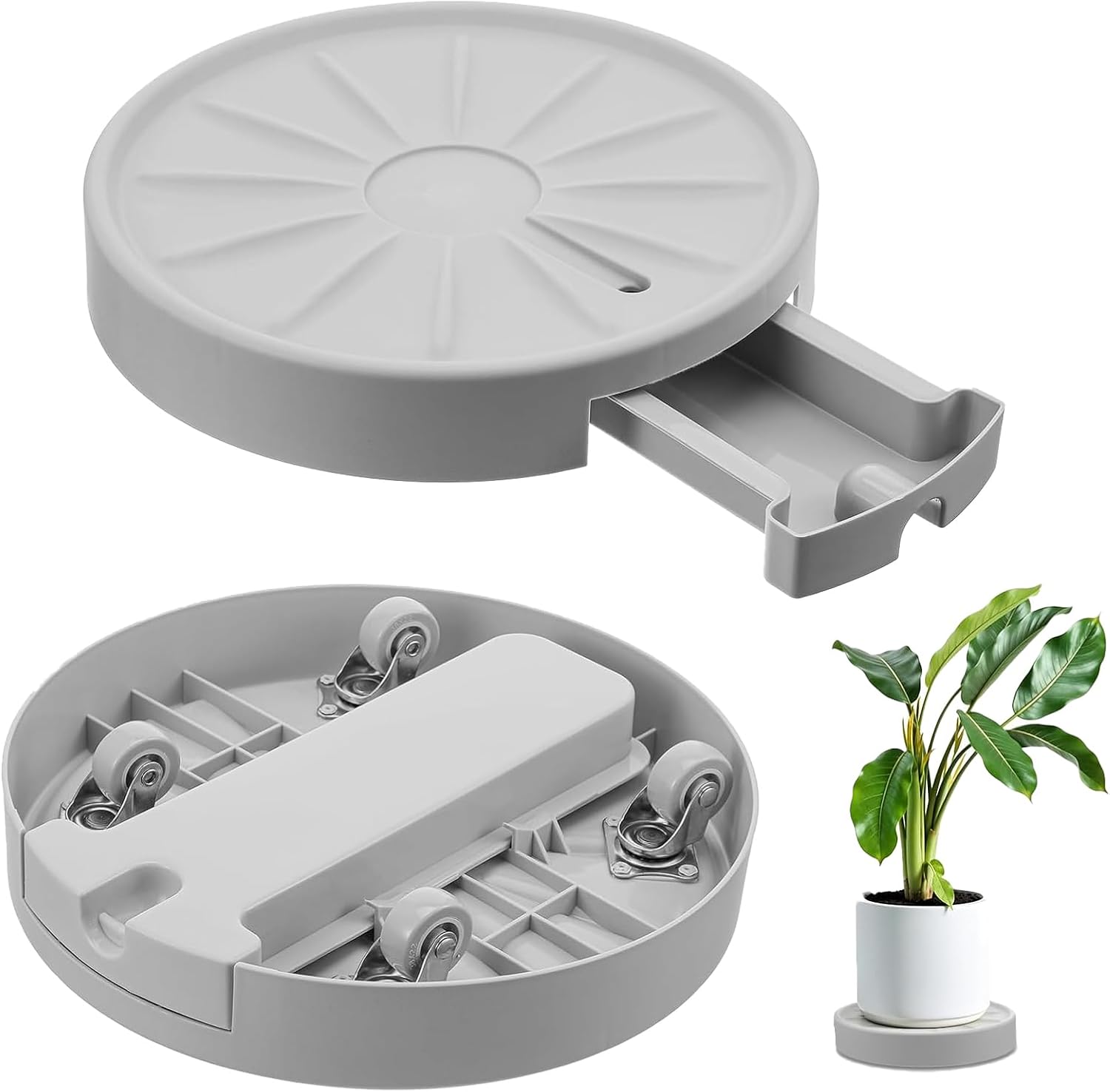 Plant Stand with Wheels Outdoor Round Rotating Plant Caddy Rollers Heavy Duty Dolly Large Plant Drainage Trays for Indoors No Holes 360°Rolling Planter Caddies Bases (Grey 12inches 2pcs)