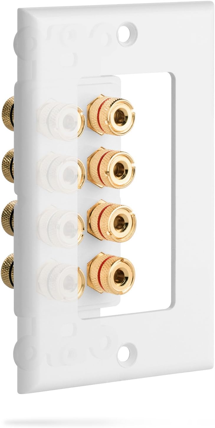 Fosmon (Quad Speaker Home Theater Wall Plate - Premium Quality Gold Plated Copper Banana Binding Post Coupler Type Audio Wall Plate for 4 Speakers (White) (Pack of 2)