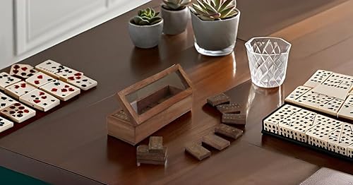 Miniatura 5 de Juego de dominó de madera de alta calidad hecho a mano con 28 azulejos de dominó profesionales en caja de almacenamiento decorativa de madera de