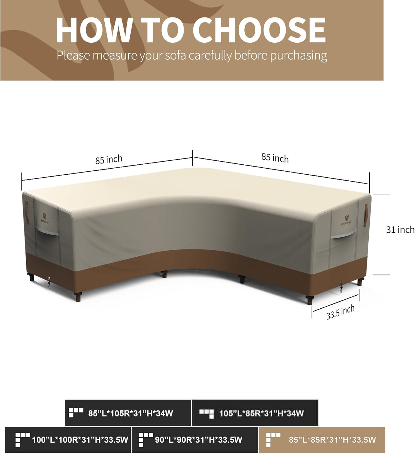 Rosefray 600D Outdoor V-Shaped Sectional Cover,Heavy Duty Anti UV Patio Sectional Sofa Cover with Air Vent, Waterproof Furniture Covers for Deck, Lawn,Backyard 85"x85" khaki brown