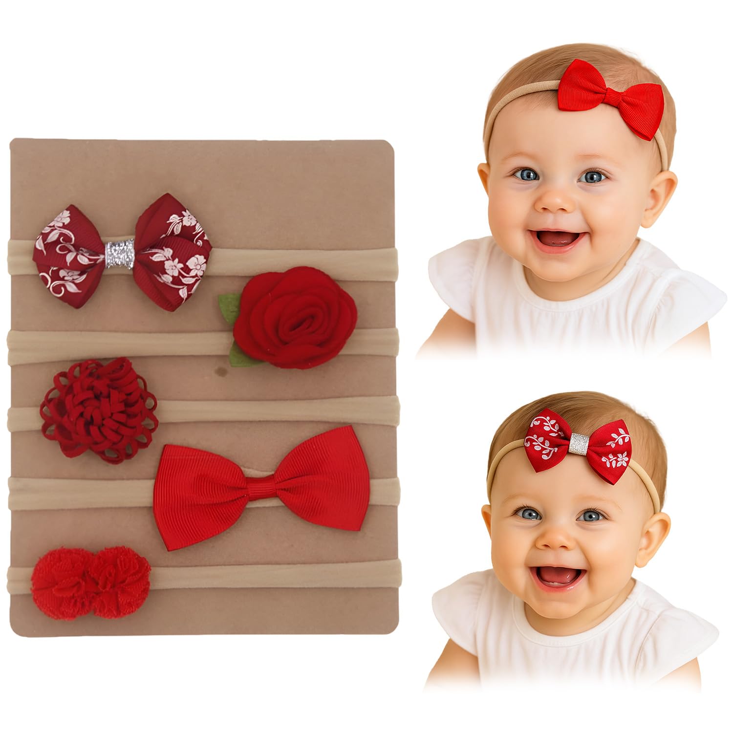 SYGA 5 Pcs Baby Headband, Flower & Bow Stretchable, Nylon HairBand for Newborn Infant Toddlers Kids 0-3 Year-Red-image-24