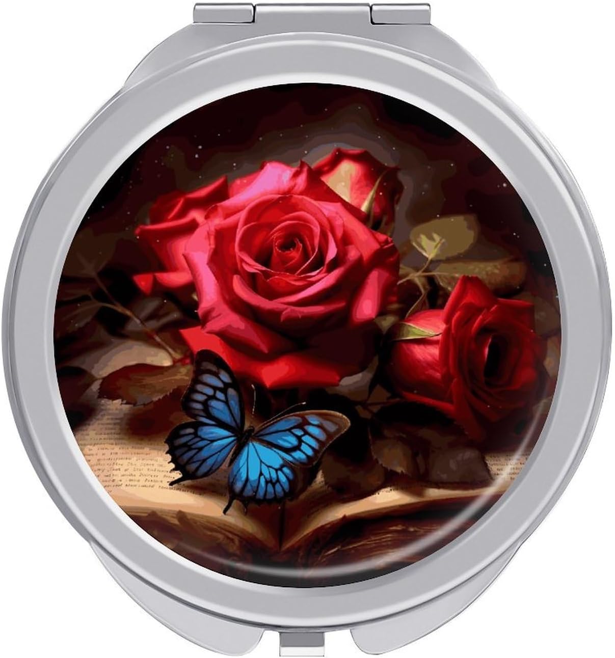 Beautiful Flower Butterfly Roses Makeup Mirror Compact Round Travel Makeup Mirror Portable Folding Handheld Pocket Mirrors for Handbag and Purses Gift Mini Mirrors