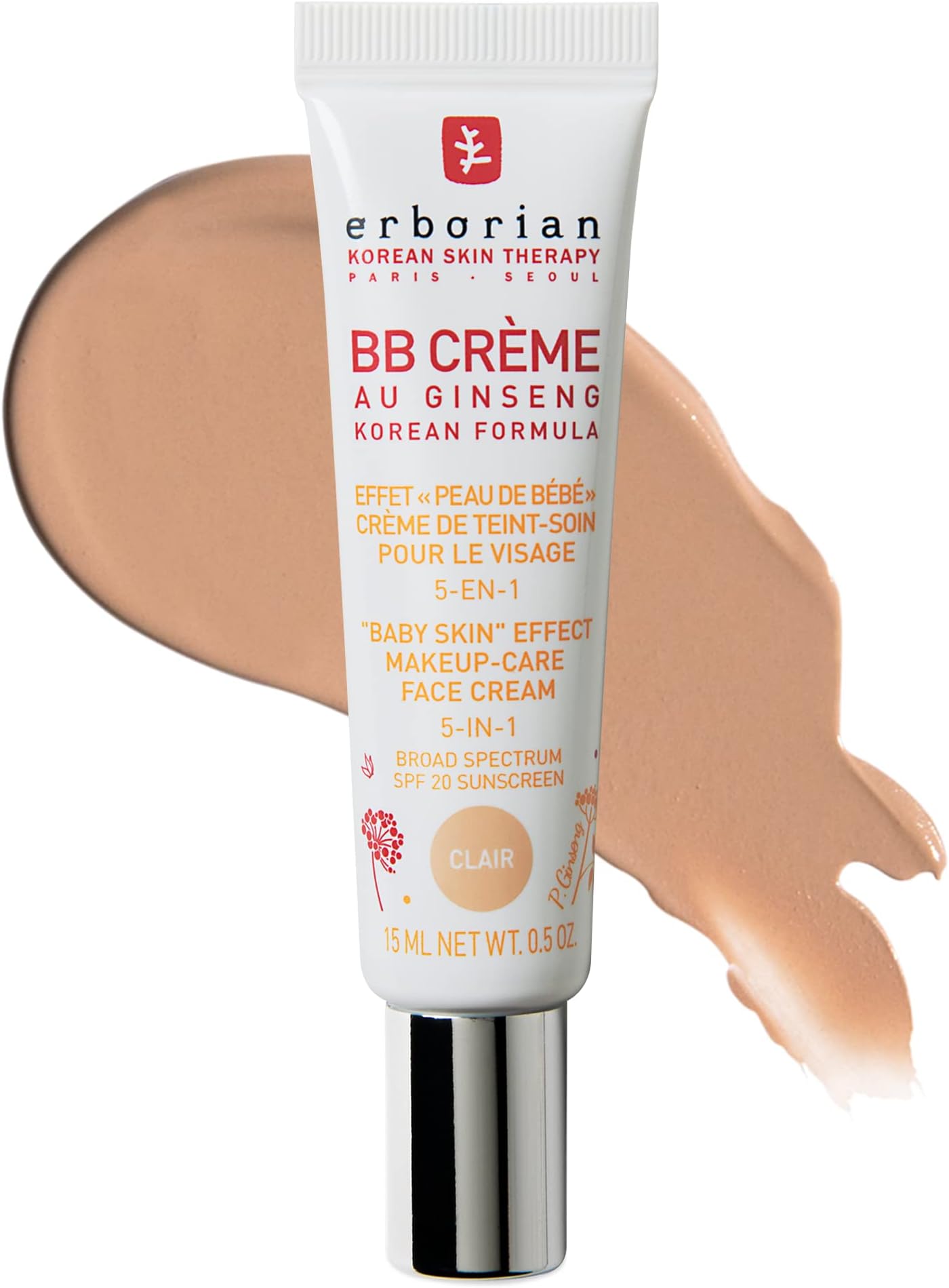 Erborian BB Cream with Ginseng, Fair (Clair), Light Coverage with Matte Finish SPF 20 & Ultra-Soft Matte, Minimized Pores, Blemishes & Imperfections - Corean Face Makeup & Skincare - 140ml