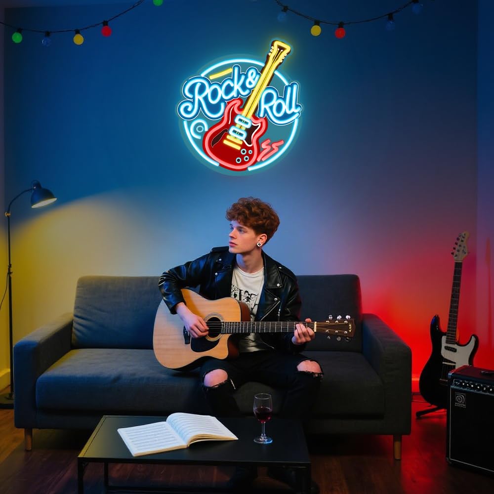 RuCvixkt Letreros de neón Rock Roll para decoración de pared, letrero de neón LED regulable para estudio de música, salón, bar, club, regalo para niños y niñas amantes de la música