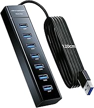 7 Port USB Hub Aktiv USB Hub mit Netzteil, Powered 3.0 5gbps mit 120cm Kabel, Splitter 5v 3a Type-C für PC Laptop MacBook, Mehrfachstecker für Stromversorgung, Verhindert Spannungsabfälle