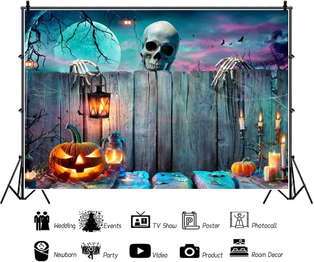 Renaiss 7x5ft Halloween Backdrop Skeleton Pumpkin Lantern Wooden Spooky Night Party Photography Background Ghost Wood Wall Halloween Party Decor Banner Horror Skull Halloween Photo Booth Props