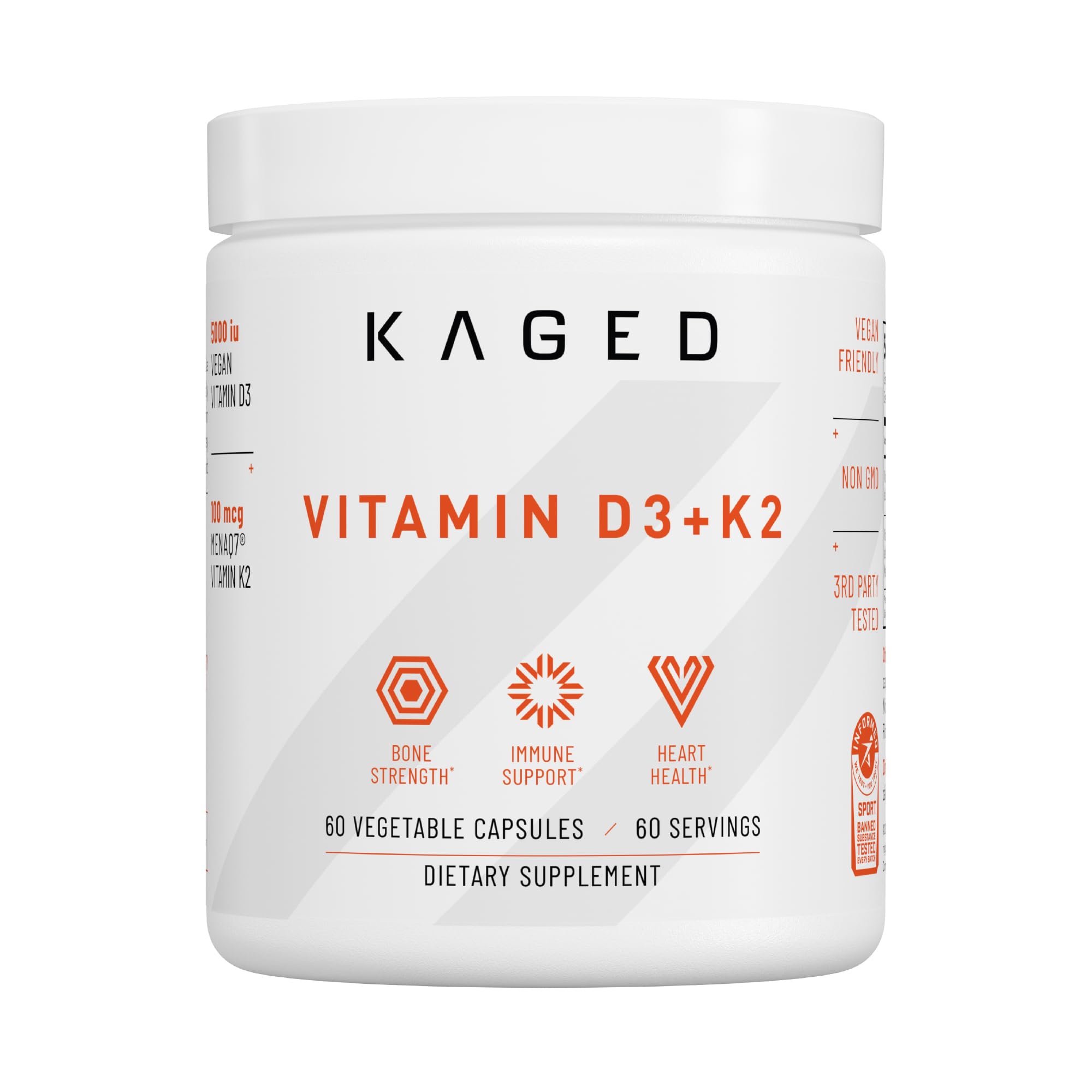 Kaged Vitamin D3 + K2 | 5000 IU D3 | 100 mcg MenaQ7 MK-7 | 60 Capsules