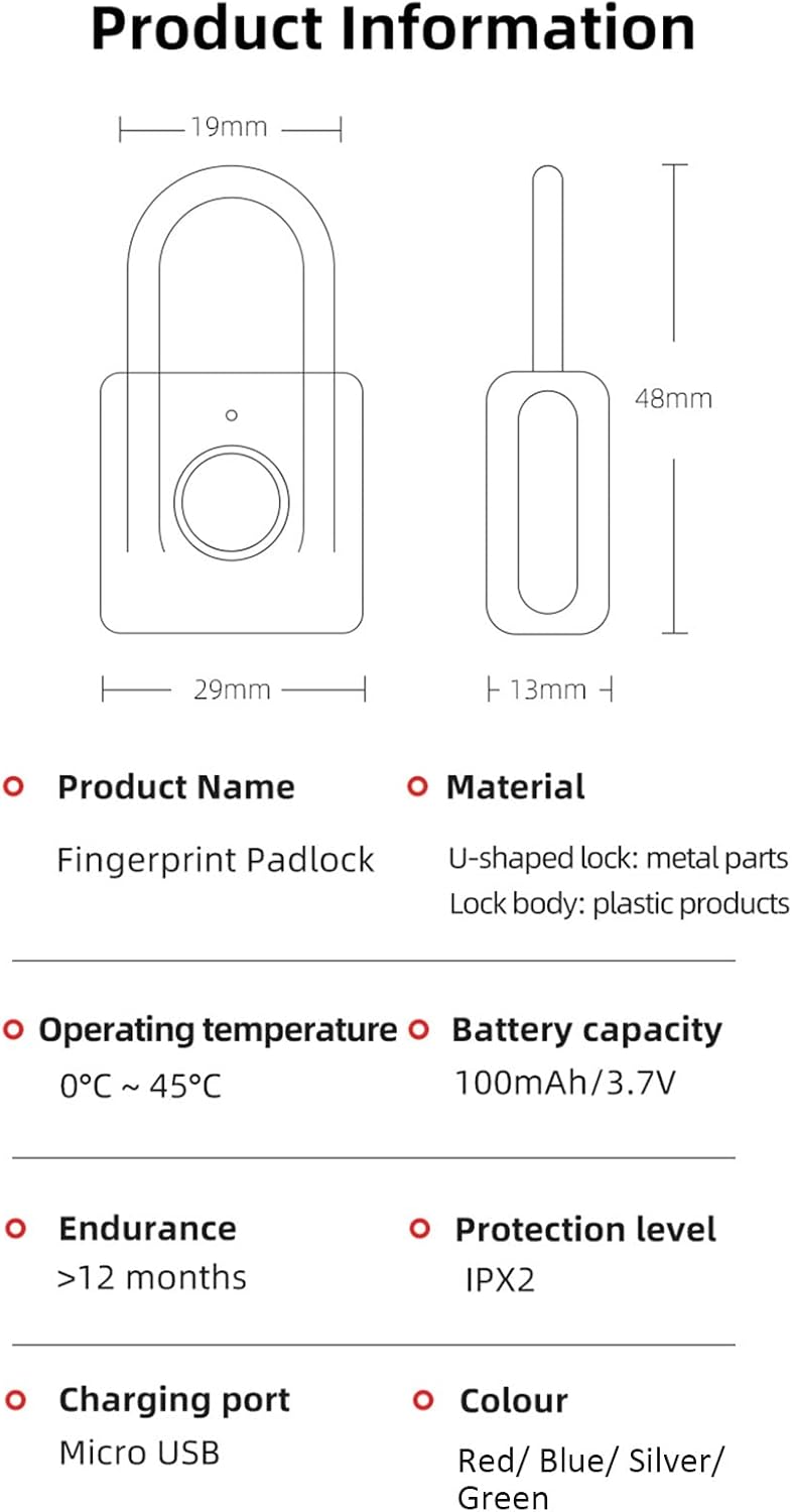 Mini Smart Fingerprint Padlock Keyless Biometric Thumbprint Door Lock USB Waterproof Quick Unlock Metal Anti-Theft Smart Padlock (Color : D) (A)