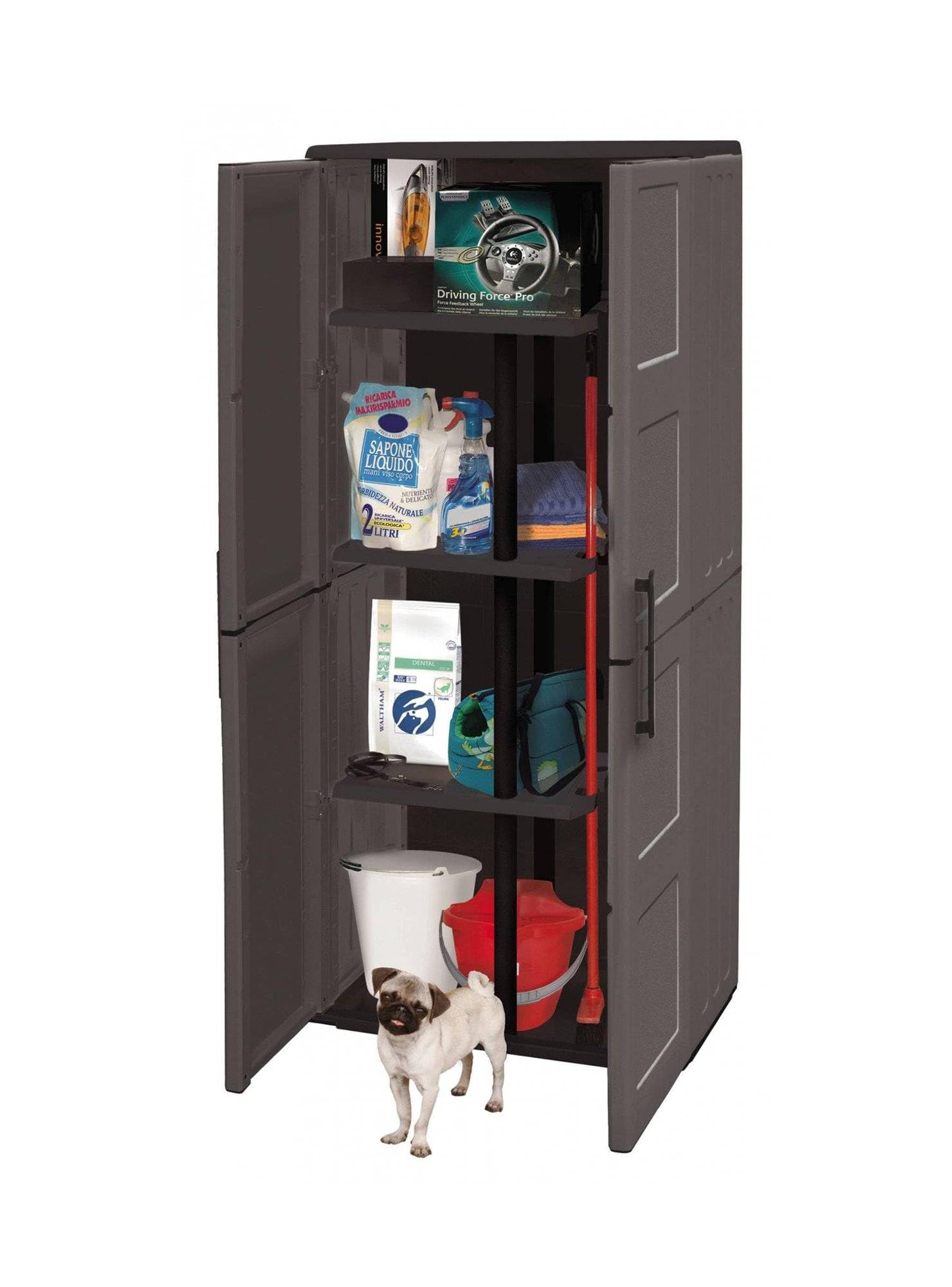 Dmora - Armoire d'extérieur Geel, Armoire porte-balai polyvalente, Armoire d'extérieur 2 portes, 100% Made in Italy, Finition damier, 68x37h163 cm, Gris et Noir