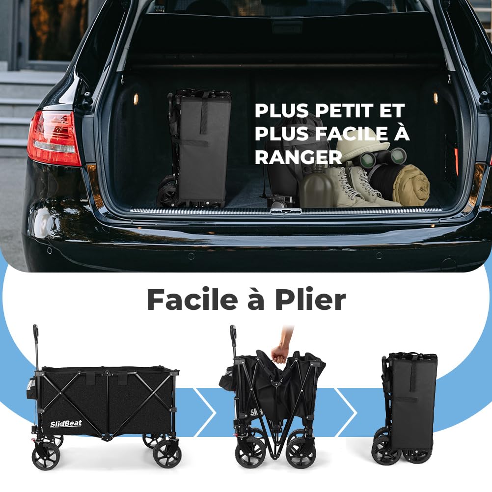 SLIDBEAT Chariot de Plage 220-330L, 200KG Chariot de Transport Pliable avec Roues Pivotantes à 360°, XXL Chariot de Jardin à Poignée à Rebond Automatique Tout Terrain avec Freins, pour Pêche Camping