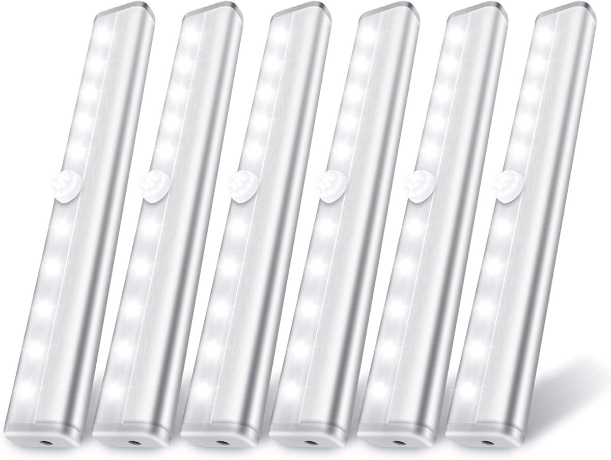 Lexall Paquete de 6 luces con sensor de movimiento, 10 LED para armario con pilas | Barra de luz nocturna magnética para pegar en cualquier lugar, luz LED segura, para armario, escaleras, armario debajo del gabinete