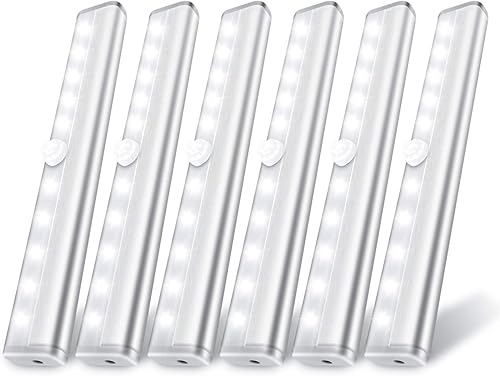 Paquete de 6 luces LED con sensor de movimiento, 10 luces LED para armario, funciona con pilas, barra de luz nocturna magnética adhesiva en