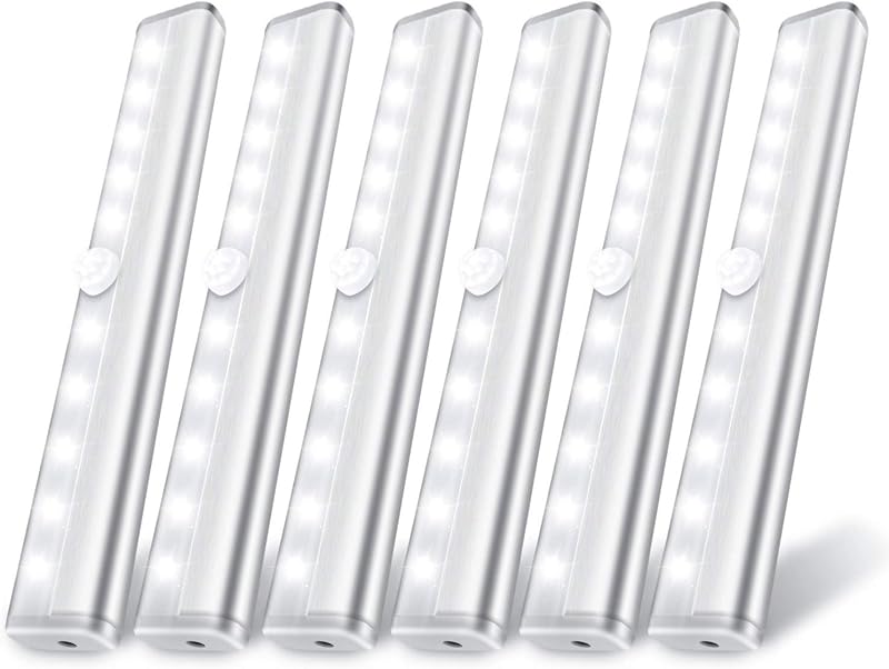 Lexall Paquete de 6 luces con sensor de movimiento, 10 LED para armario con pilas | Barra de luz nocturna magnética para pegar en cualquier lugar, luz LED segura, para armario, escaleras, armario debajo del gabinete