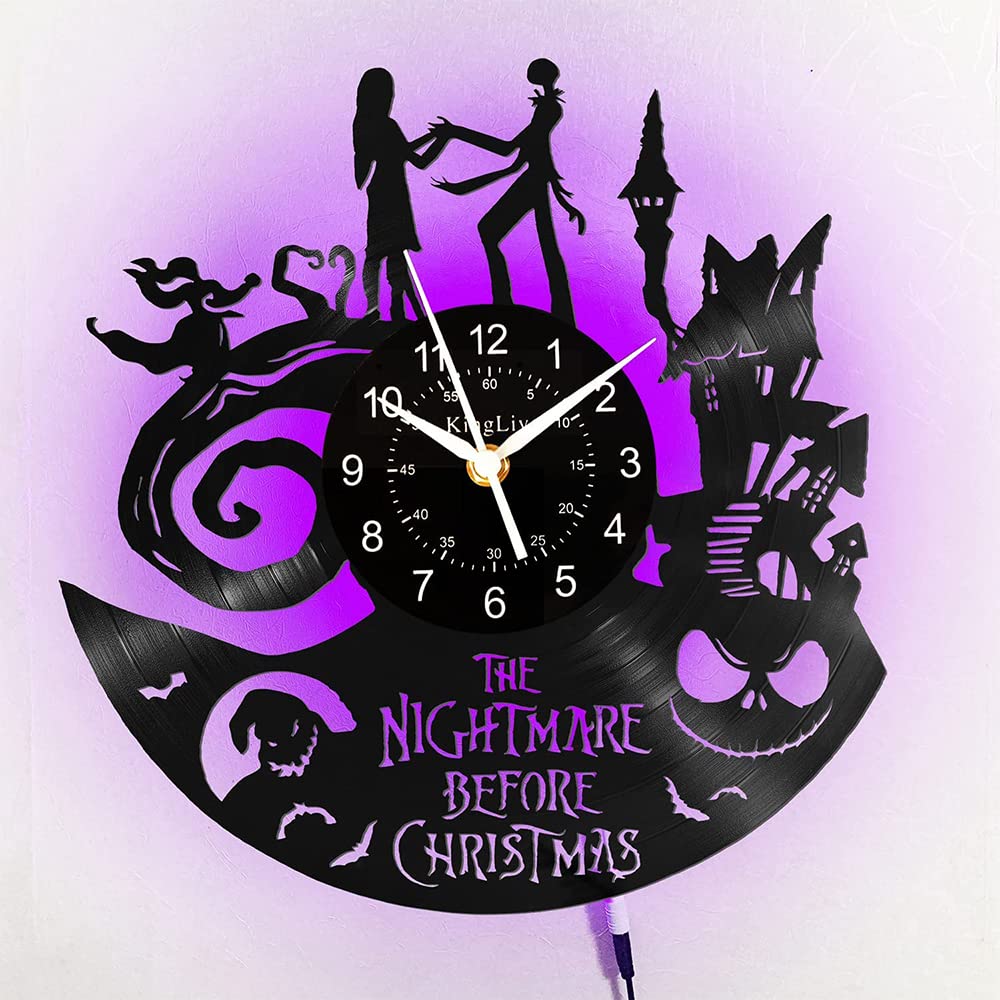 Orologio da Parete in Vinile, Orologio a Tema Natalizio Nightmare Love con Funzione di Luce Notturna a LED a 7 Colori, 30 cm x 30 cm, Nero