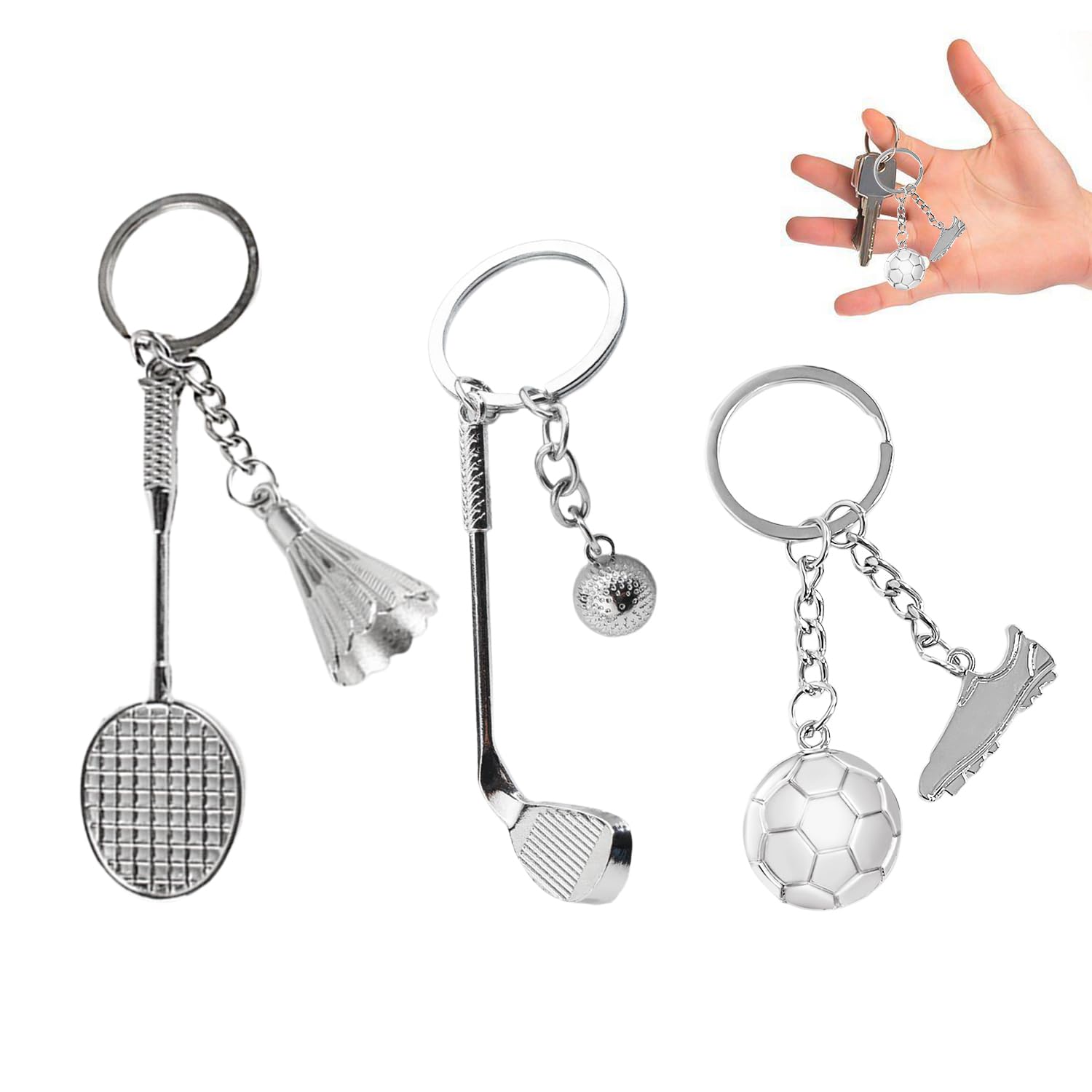 GVSAVY3 Pcs Ball Keychains Football Badminton Golf Keychains Creative Metal Ball Accessories for Bags Keys DIY Pendants Unisex (Silver)