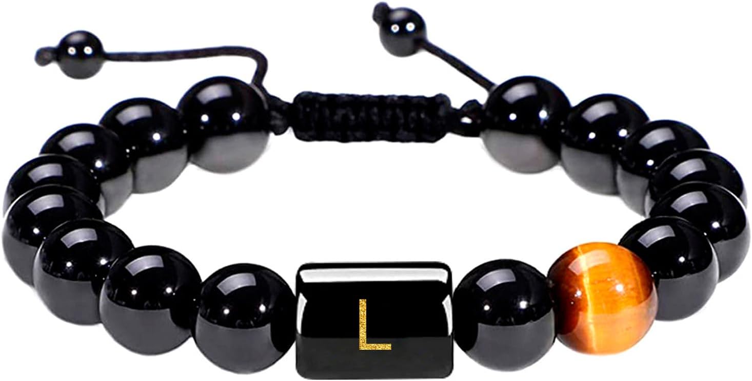 Initials Bracelets for Men Letters Bracelet Natural Tiger Eye Black Onyx Beaded Bracelet Handmade Jewelry Gift for Men