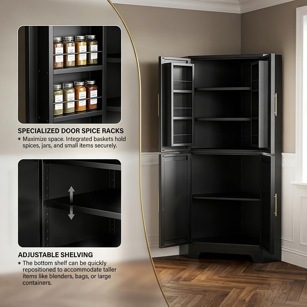 Corner Cabinet, Metal Storage,Kitchen Pantry Cabinet with Adjustable Shelves & Spice Rack, Tall Freestanding Corner Pantry with Shaker Doors & Gold Handles for Kitchen, Bathroom, Living Room (Black)