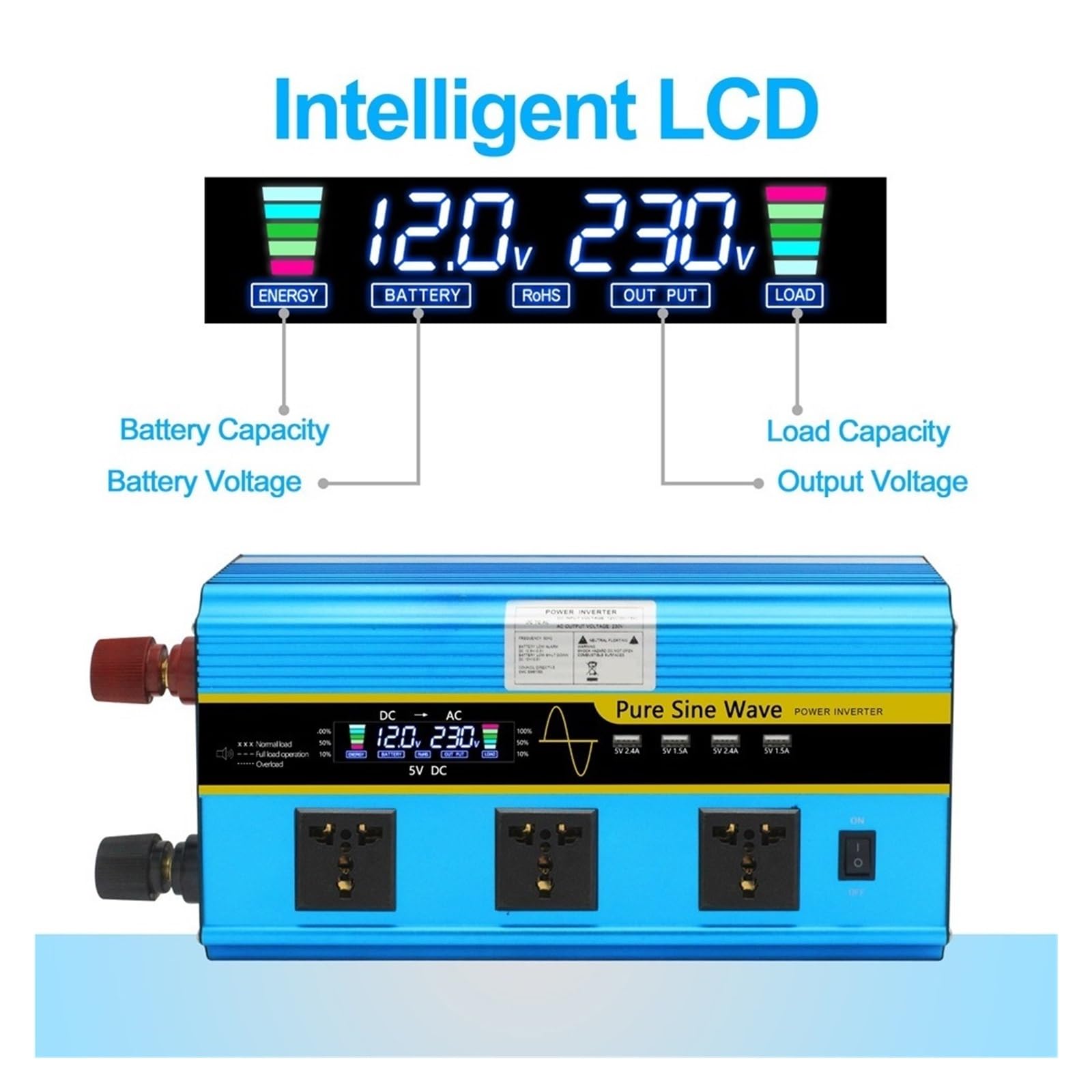 Convertitore di Tensione 6000W CC 12V 24V in CA Trasformatore Display LCD 4Usb Invertitore di Potenza Efficiente Stabile(24V 60Hz)