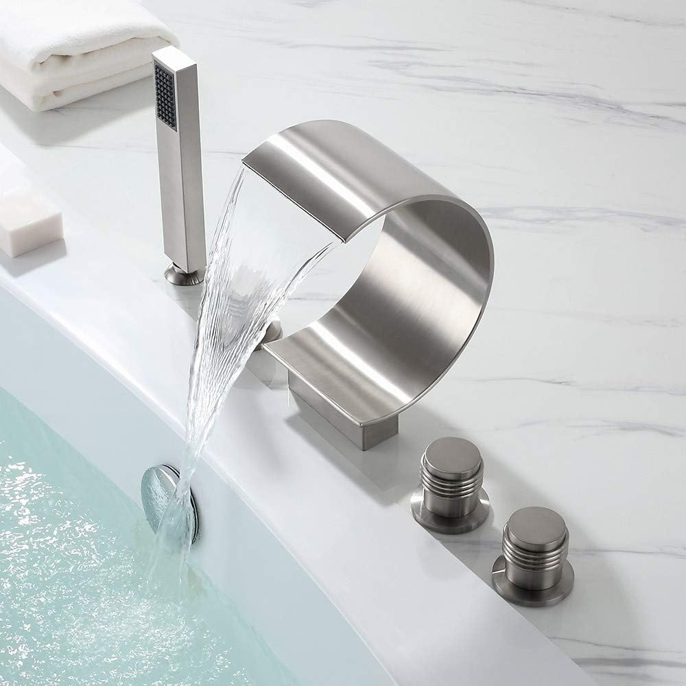 Exсluѕіvе Dіѕсоunt 60% Prісе BULUXE Waterfall Roman Tub Filler Faucet in Brushed Nickel with Hand-Held Shower Head, Widespread Bathtub Faucet Set, Deck Mount 5-Holes 3-Handles Faucet in Modern Style Solid Brass