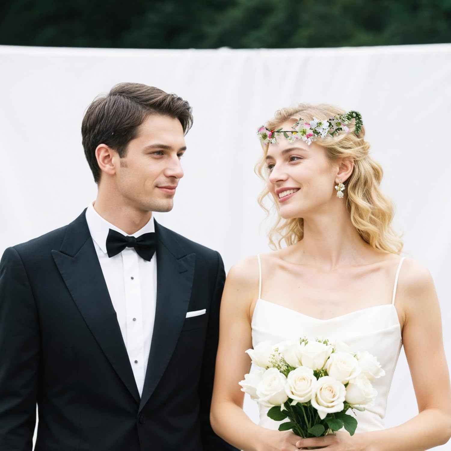 1 Pc Flower Crown for Women with Bridal Veil, Adjustable Hair Headband Accessories, Wedding Crown for Wedding Bridal Festival Photography Hair Wreath Accessory Hairbands - Image 3