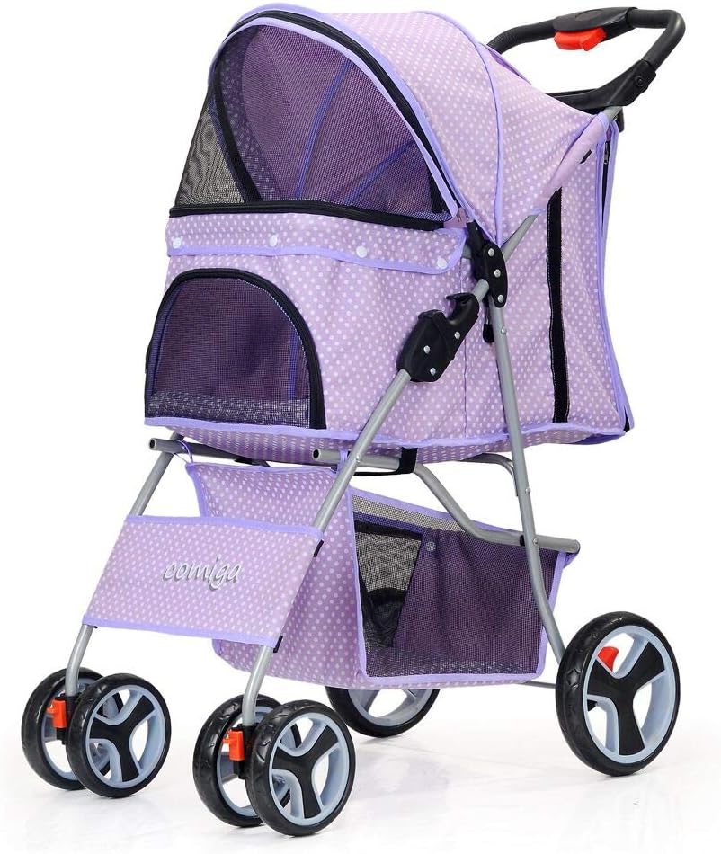 Pet Stroller, 4-Wheel Cat Stroller, Foldable Dog Stroller with Removable Liner and Storage Basket, for Small-Medium Pet,Purple