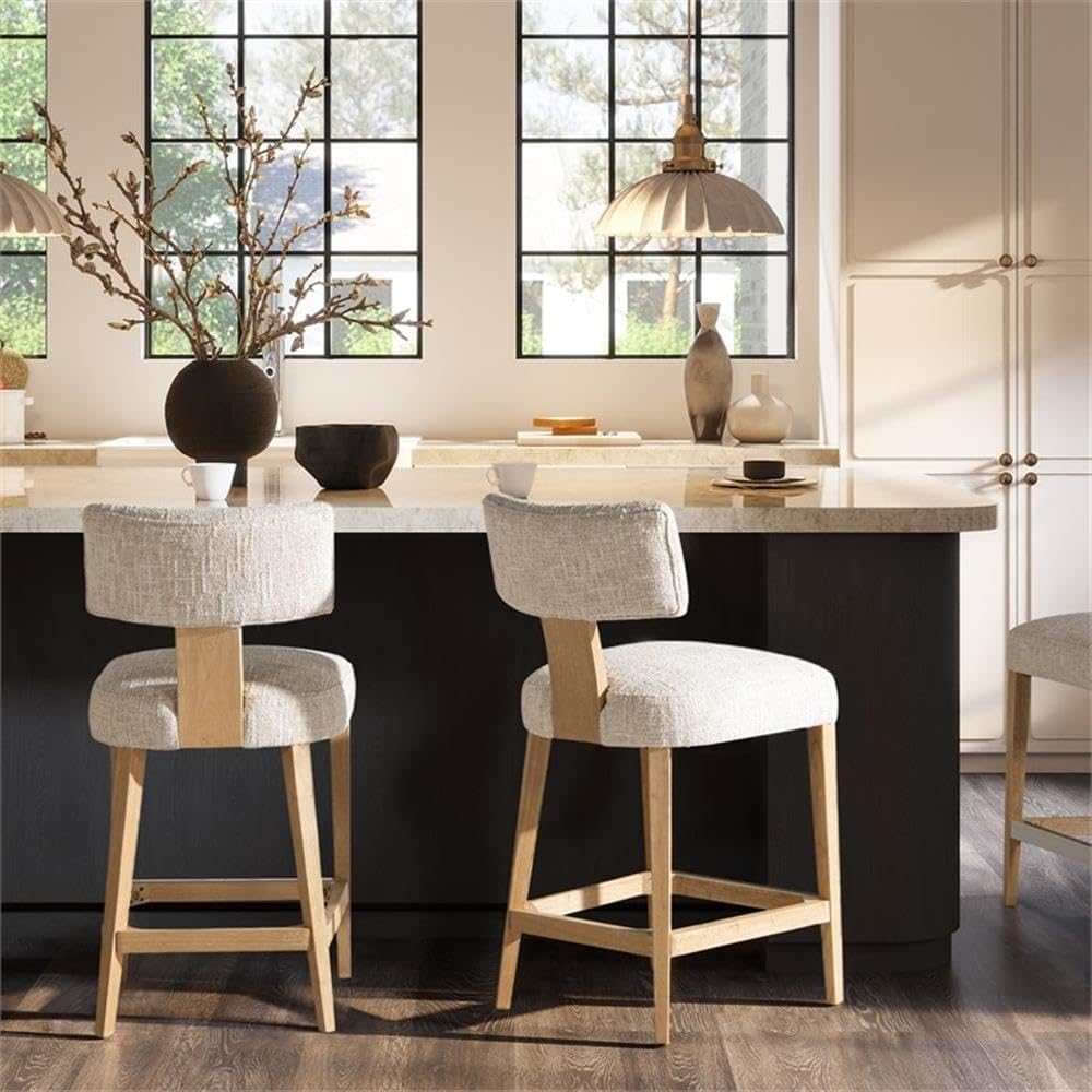 Pemberly Row 27" Split Back Beige Chenille Counter Stool Set of 2, Textured Upholstery, Solid Rubberwood Legs, Natural Finish, Mid-Height Backrest, Modern Kitchen Island or Home Bar Seating