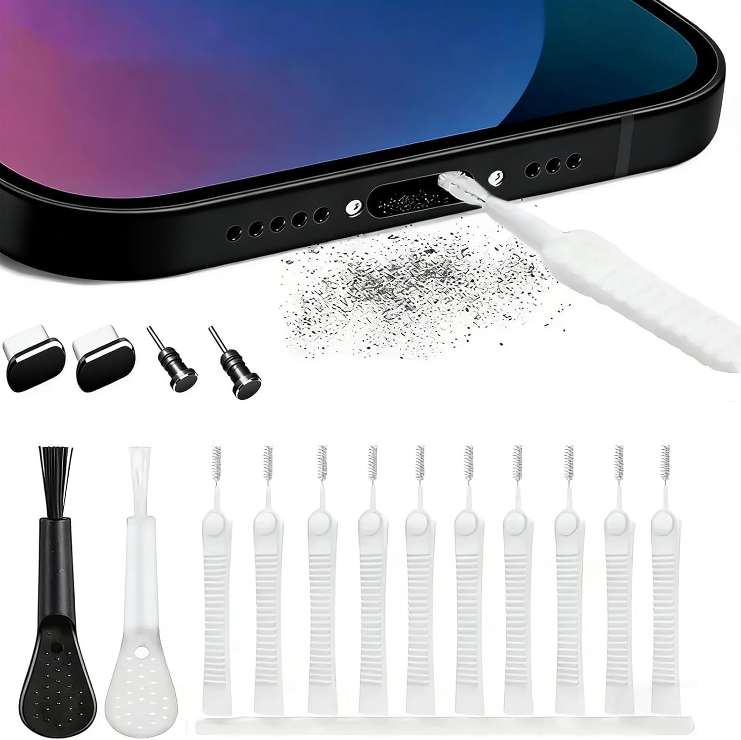 スマホクリーニングキット 16 点セット 充電ポートクリーナー Type‑C ポート用 ダストクリーナー スマホ穴のゴミ取りツール USB‑C ポートに対応しています 防塵保護 クリーニングブラシ付き 防塵プラグ付き 充電ポート 家庭用 旅行用 (黒)