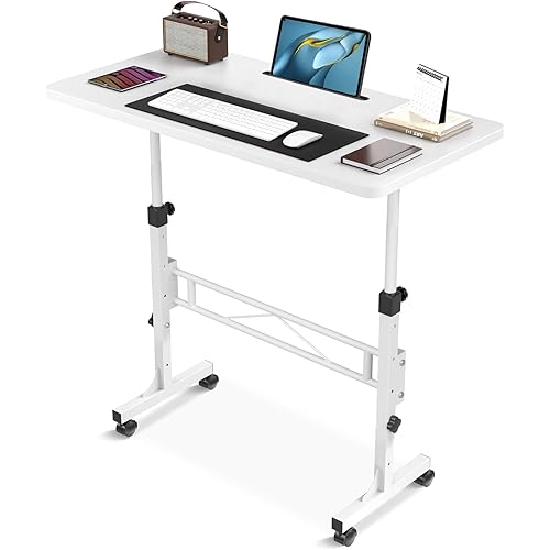KLSMYHOKI Small Standing Desk with Wheels, Computer Desk Adjustable Height, White Rolling Stand Up Table, Portable Home Standing Desk 32 in X 16in Adjustable Height 27 in - 44 in
