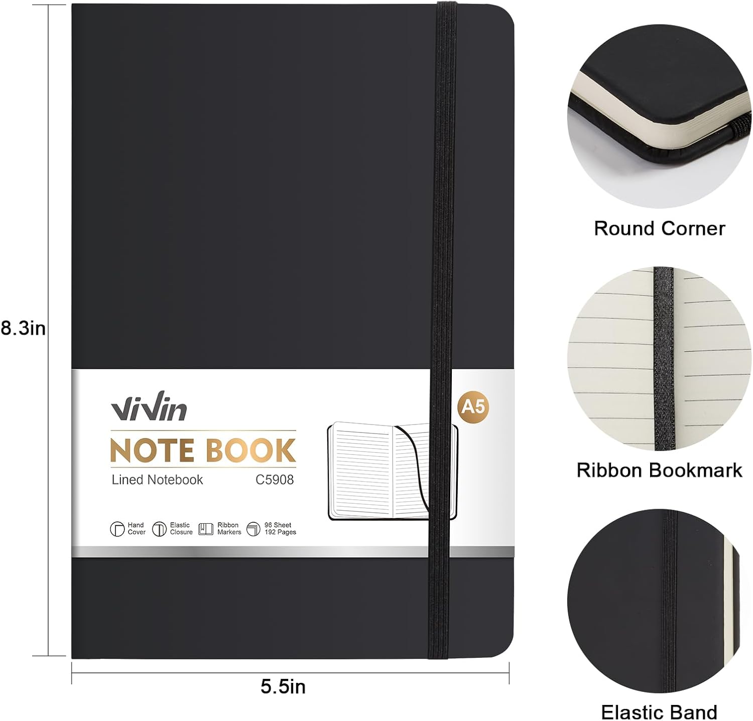 ViVin Lined Journal Notebooks for Work, 192 Pages, Medium 5.5 x 8.3 inch, College Ruled, A5 Hardcover Journaling Notebooks for Writing, 8 Pack Bulk,Black