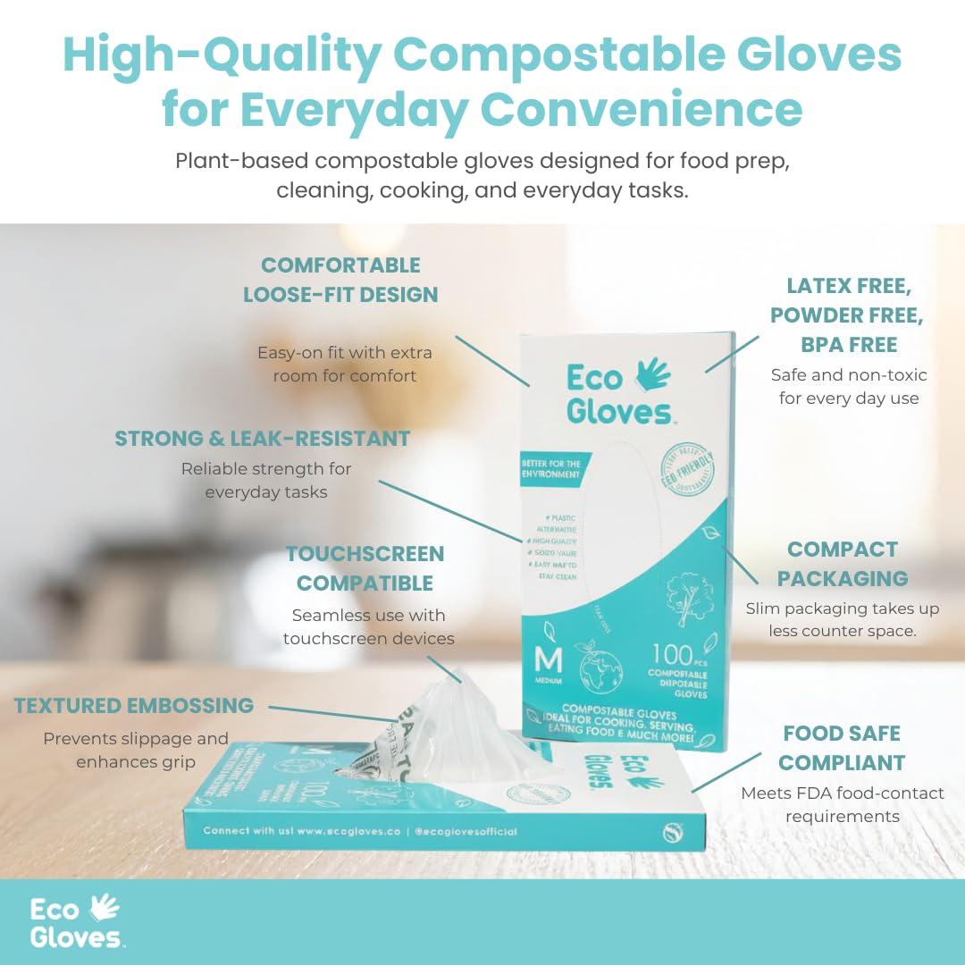 Eco Gloves Guanti compostabili a base vegetale, ecologici, senza lattice, senza polvere, senza BPA, per alimenti, sicurezza, pulizia, cura degli animali domestici, confezione da 100, trasparenti (L)