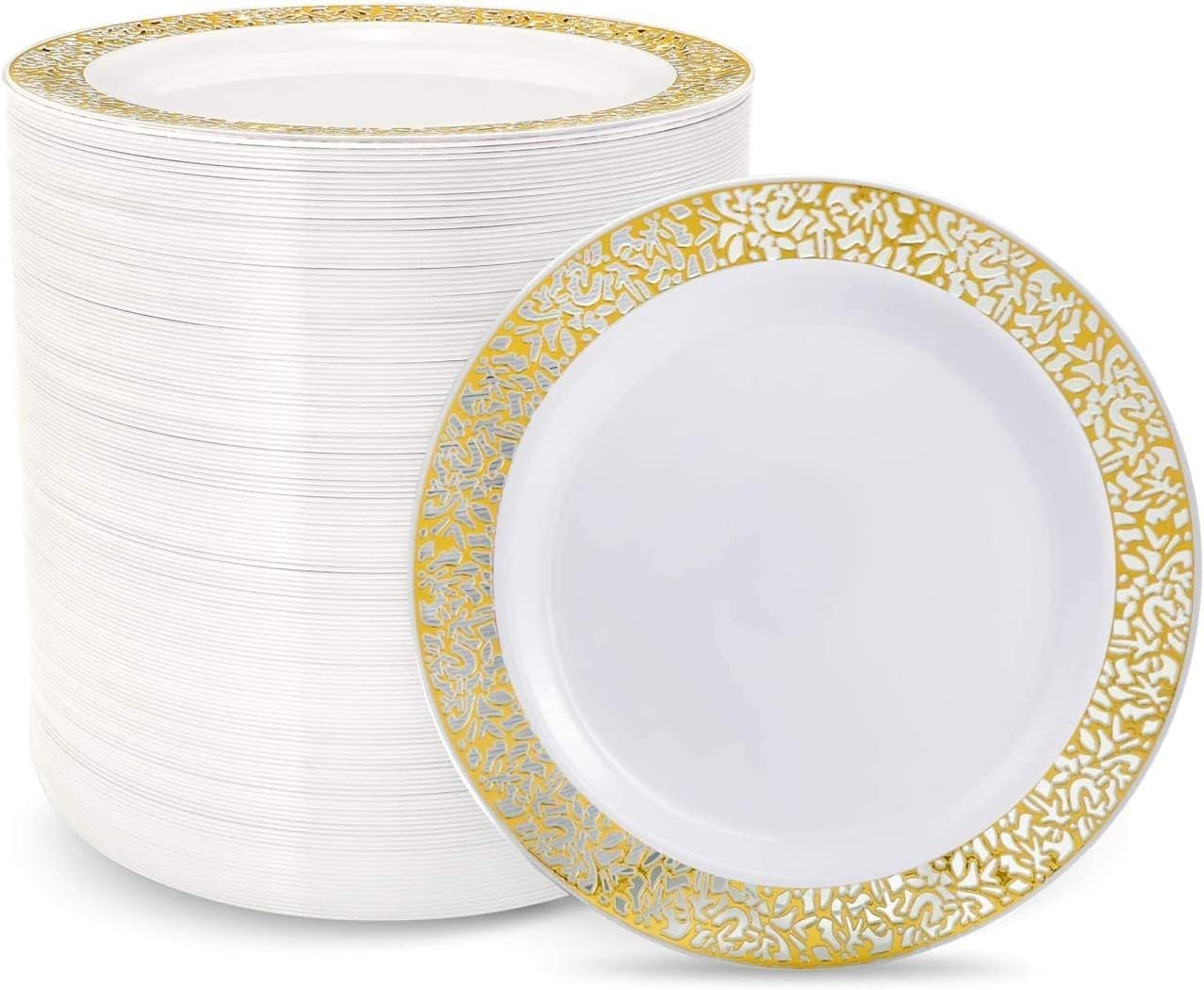 supernal 100pcs Gold Plastic Plates, 10.25" White Plastic Dinner Plate, Gold Lace Plates Heavy Duty,Disposable Plate for Tableware Weddings Celebrations and Parties