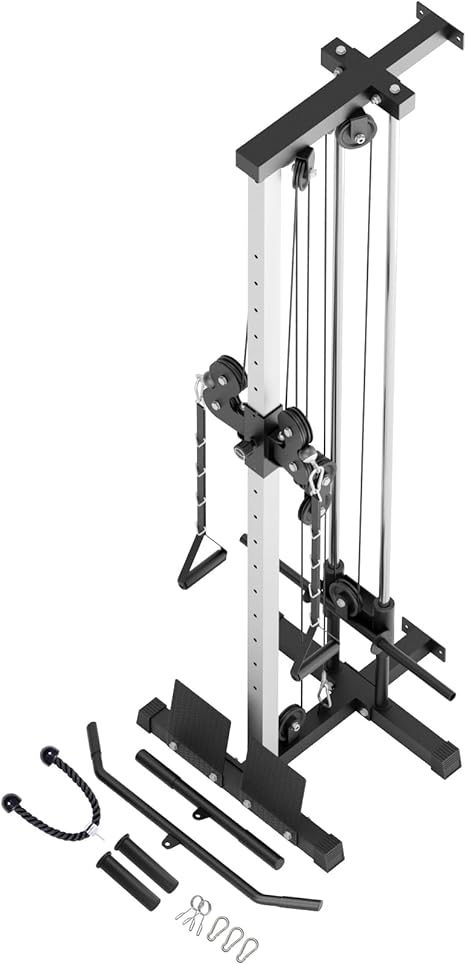 VANSWE Wall Mount Cable Station, 18 Positions Adjustable Dual Pulleys Wall Mounted Cable Machine with Removable Footplate