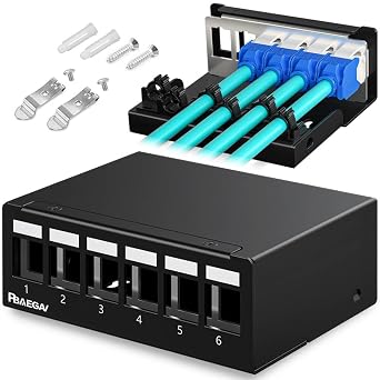 Patch Panel 6 Port Keystone Network Blank Patch Panel UTP/STP Compatible with LC/SC/ST/FC/USB/HDMI Keystone Jack for Desk Mount Home Ethernet Termination Box 1U 6 Port