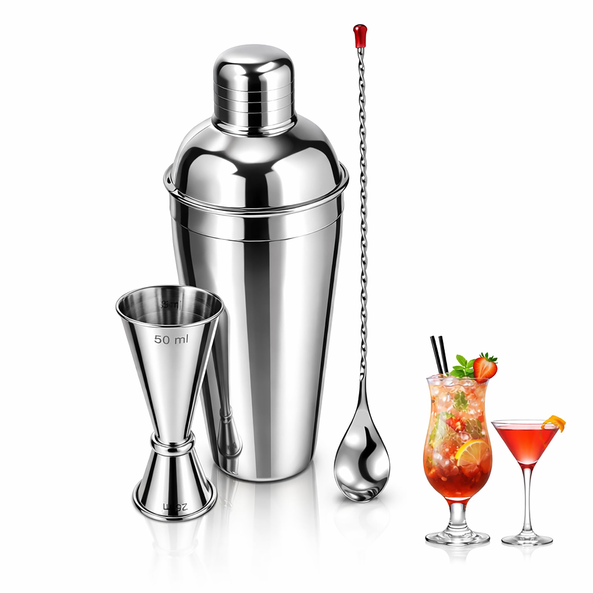 Chabrias Ltd Silver 3-Piece Stainless Steel Cocktail Shaker Set 750Ml – Bartender Kit With Shaker, Double Jigger (25Ml/50Ml) & Twisted Mixing Spoon – Cocktail Making Kit & Gift Set