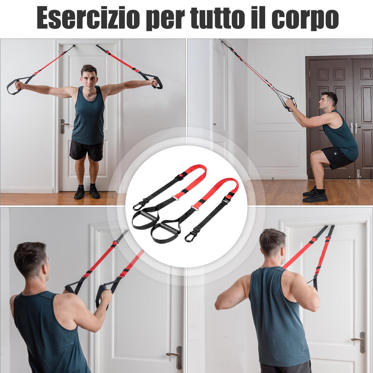 COSTWAY Cinghie per Allenamento Sospensione, Set di Allenamento con Sistema di Ancoraggio per Porta e Borsa, Lunghezza Regolabile 145 cm - 200 cm, Portata 180 kg